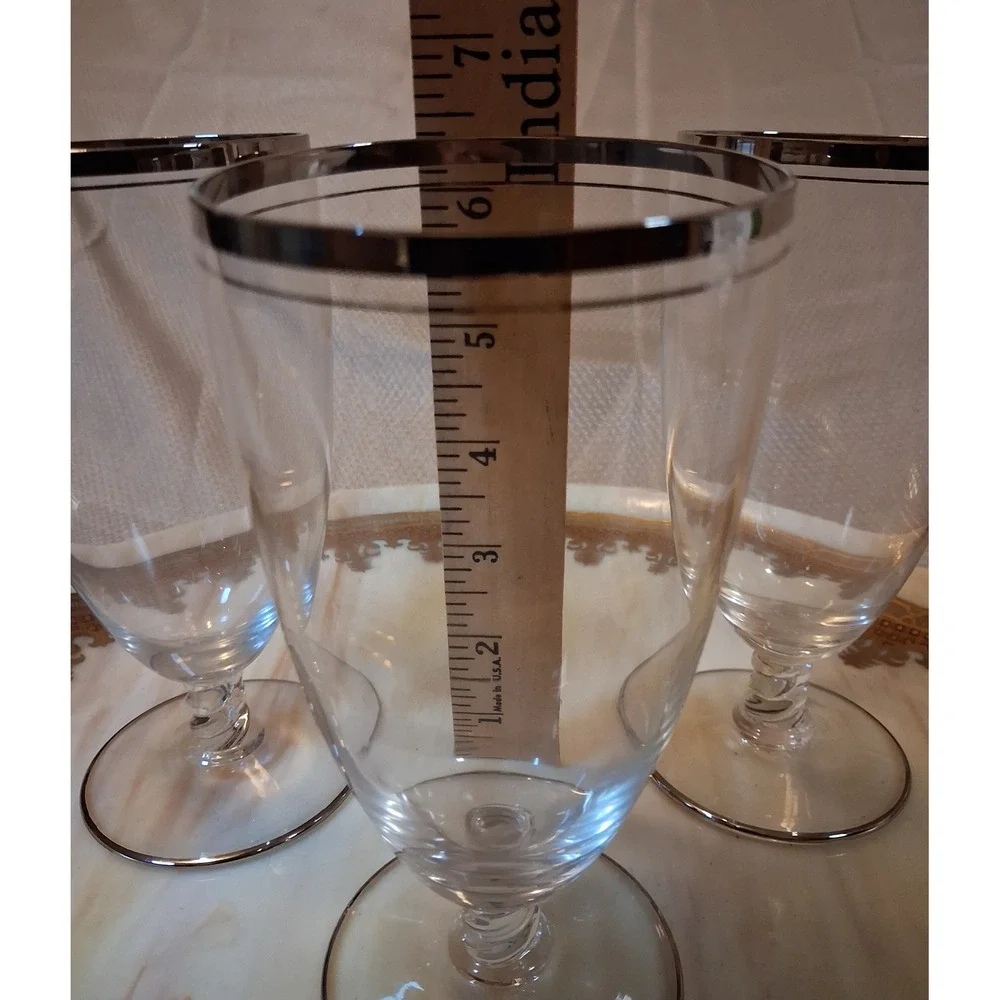 Vintage Silver Platinum Rim Footed Glasses Swirl Stem Water Goblets Set of 3
